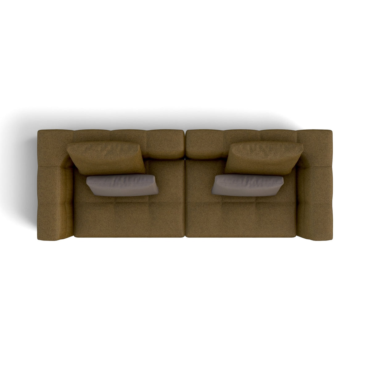 A top-down view of a modern modular sofa in a textured brown fabric, featuring two gray accent pillows, set against a plain white background.