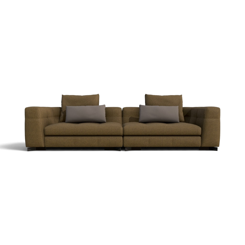 A modern two-seater sofa in a textured brown fabric, featuring two matching brown back cushions and two gray throw pillows, shown against a plain white background.