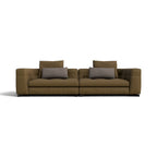 A modern two-seater sofa in a textured brown fabric, featuring two matching brown back cushions and two gray throw pillows, shown against a plain white background.
