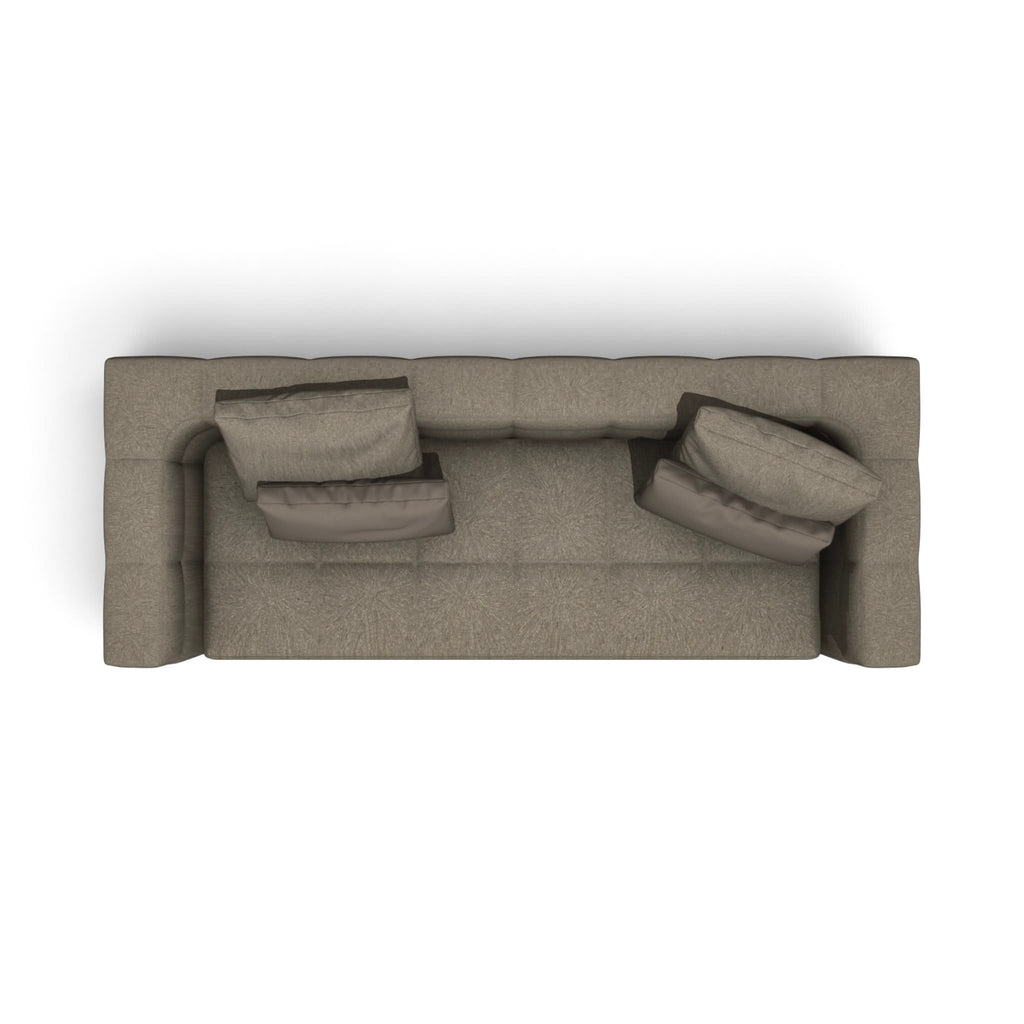 A top-down view of a modern three-seater sofa in a textured taupe fabric, featuring two matching throw pillows, set against a plain white background.