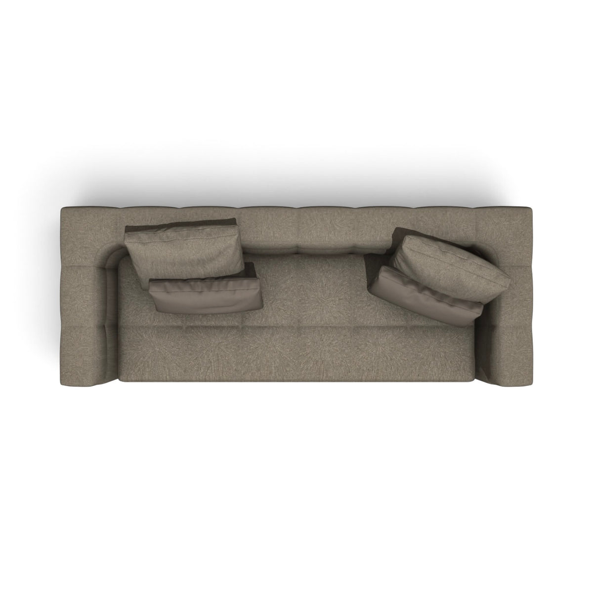 A top-down view of a modern three-seater sofa in a textured taupe fabric, featuring two matching throw pillows, set against a plain white background.