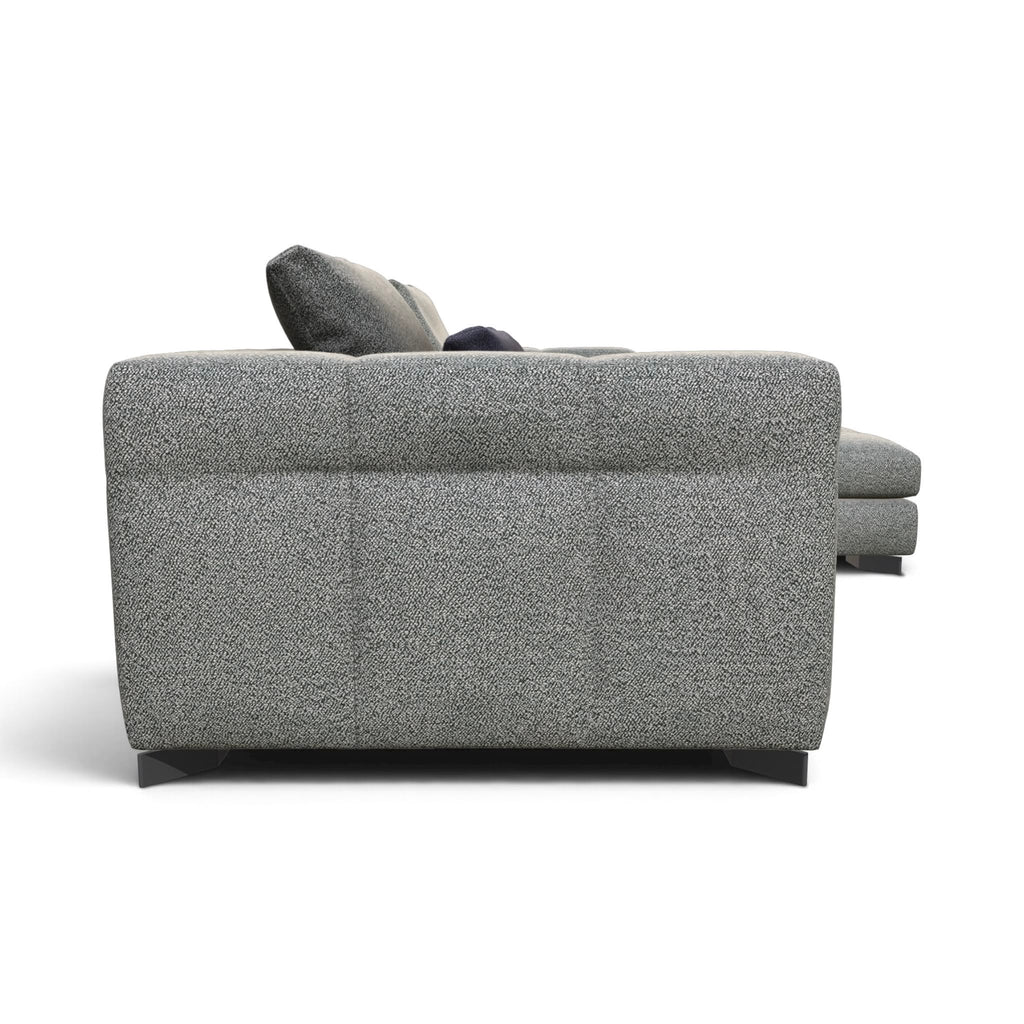 A modern gray textured fabric sectional sofa shown from a side angle against a plain white background.