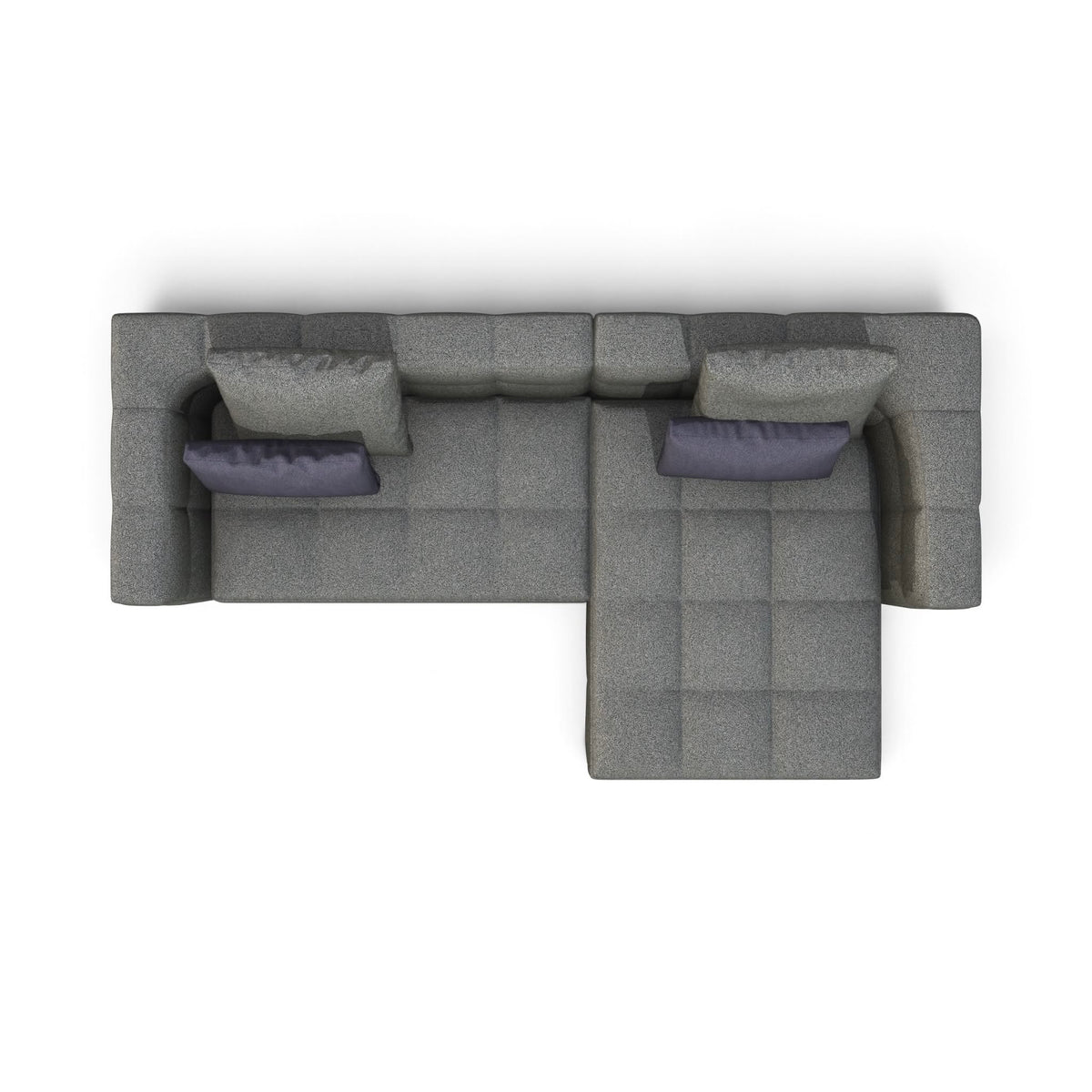 A top-down view of a modern gray sectional sofa with a chaise lounge and two dark purple accent pillows, isolated on a white background.