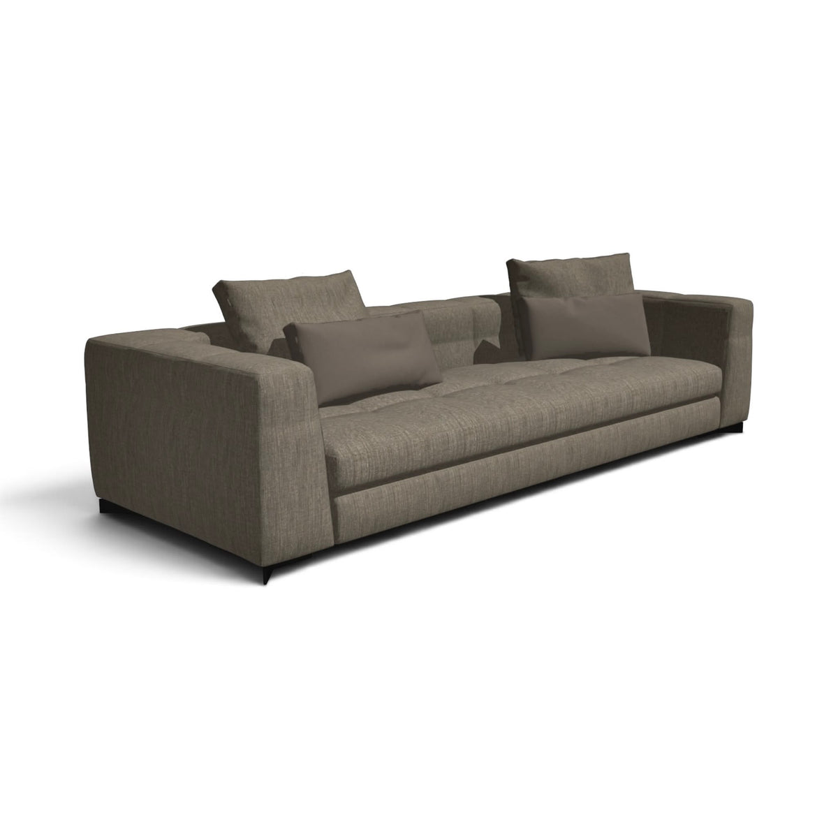 A modern three-seater sofa upholstered in textured taupe fabric, featuring two matching throw pillows, shown on a plain white background.