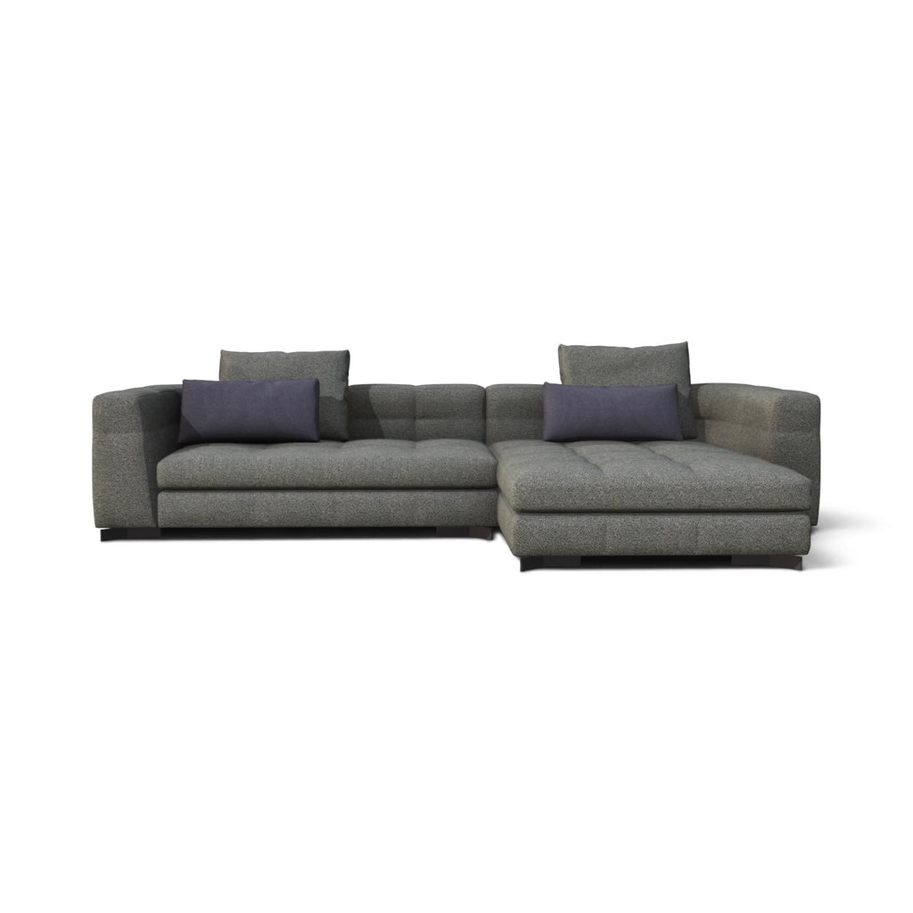 A modern gray fabric sectional sofa with a right-facing chaise lounge, featuring two dark purple accent pillows, shown against a plain white background.