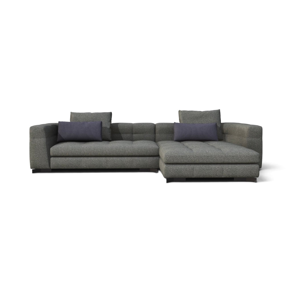 A modern gray fabric sectional sofa with a right-facing chaise lounge, featuring two dark purple accent pillows, shown against a plain white background.