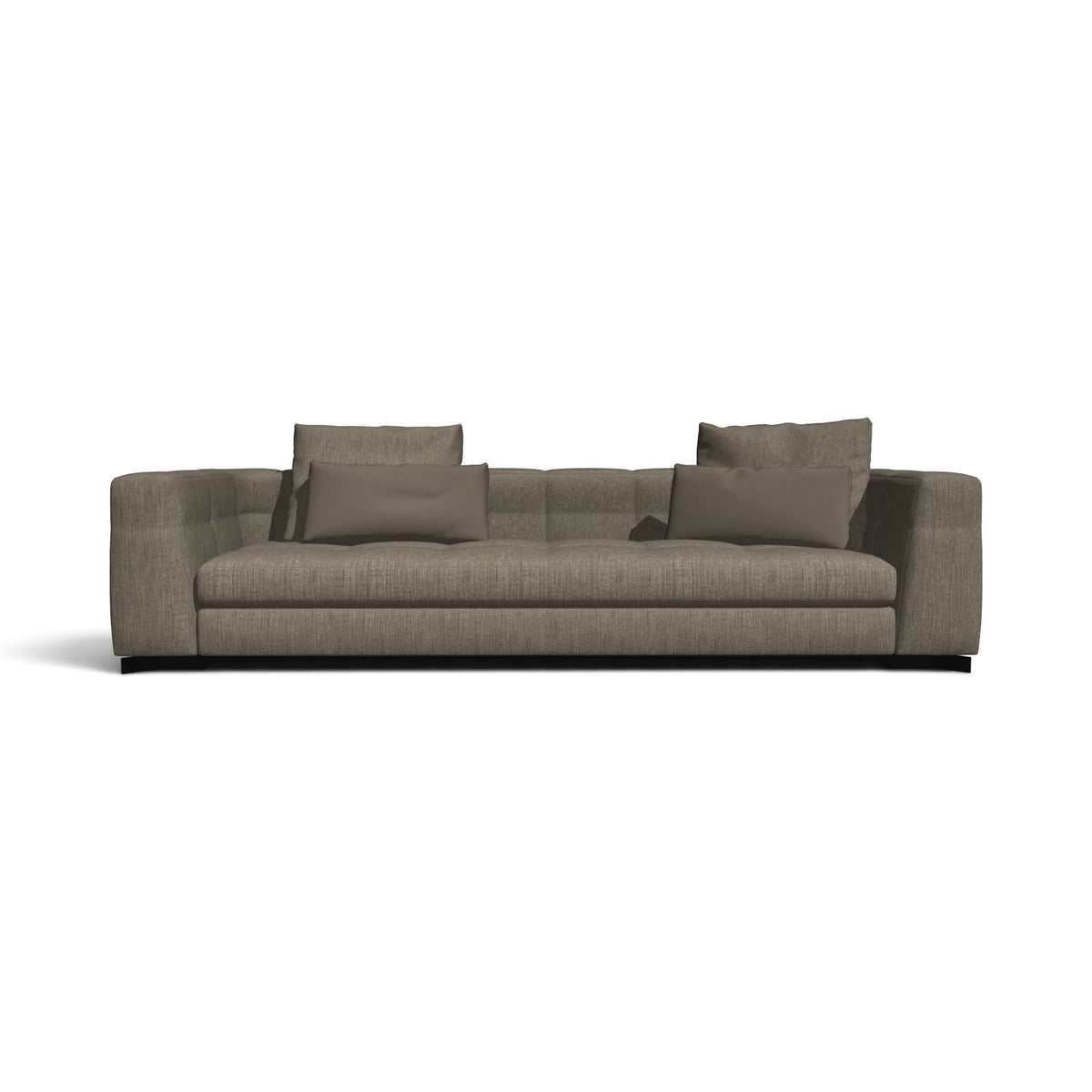 A modern three-seater sofa upholstered in textured taupe-gray fabric, featuring four matching throw pillows and a low black base, shown against a plain white background.