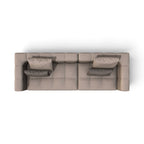 A top-down view of a modern two-seater sofa in a light taupe fabric with two dark gray accent pillows, shown on a plain white background.
