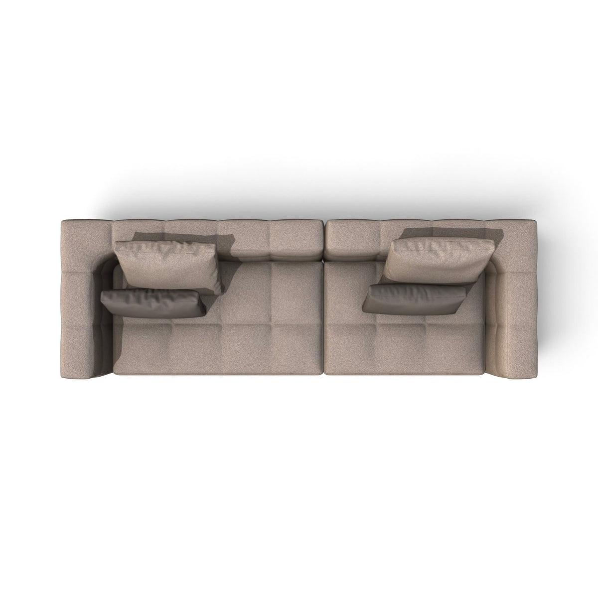 A top-down view of a modern two-seater sofa in a light taupe fabric with two dark gray accent pillows, shown on a plain white background.