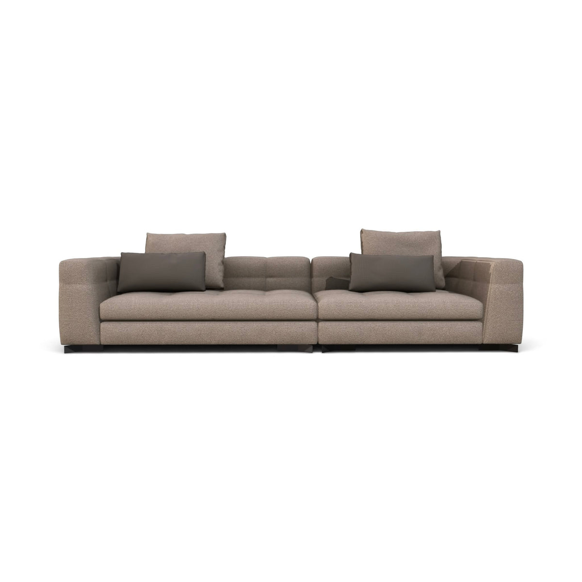 A modern two-seater sofa upholstered in a textured taupe-beige fabric, featuring two dark gray throw pillows and a low black base, shown against a plain white background.