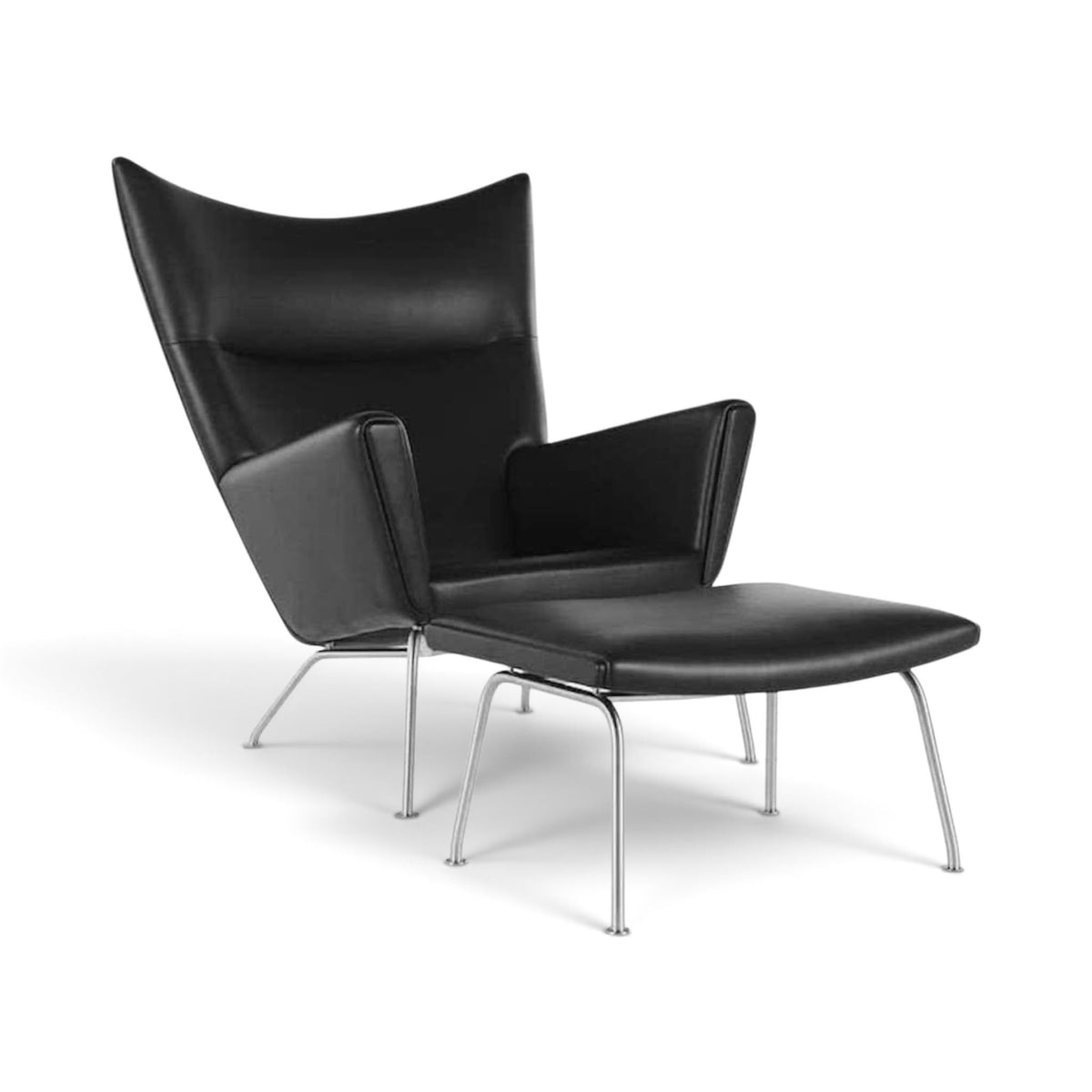 CH445 Wing Chair in leather - side angle view