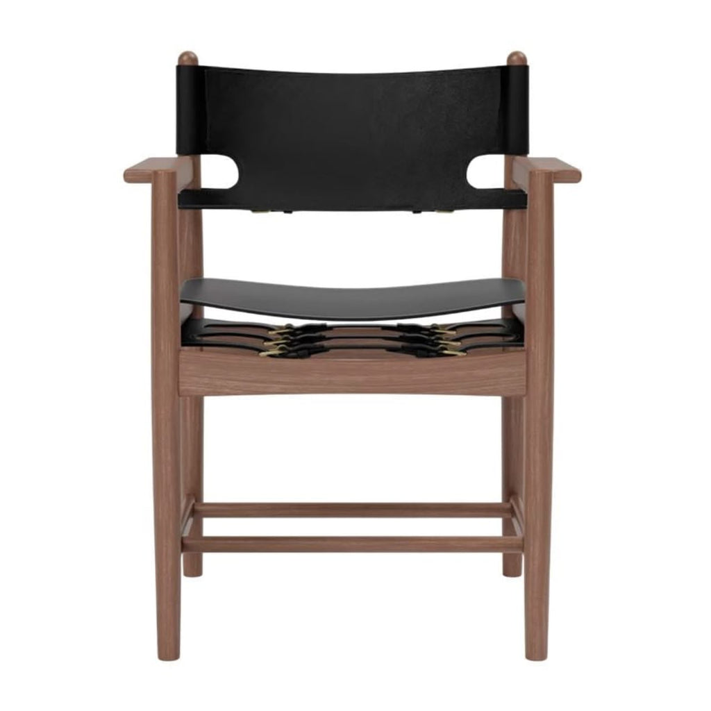Spanish Dining Armchair in black saddle leather with walnut-stained ash