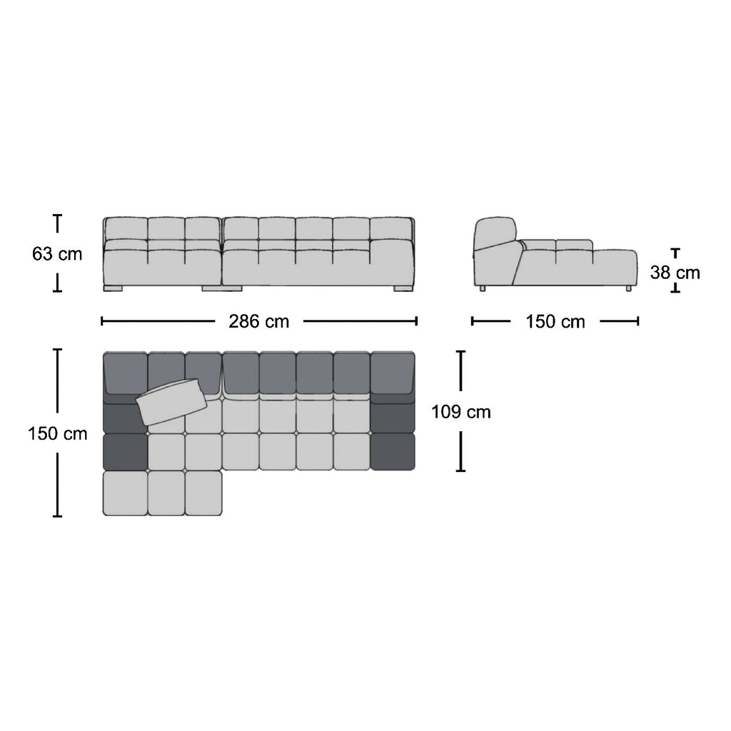 Tufty 3-Seater Sofa with Chaise - Dimensions