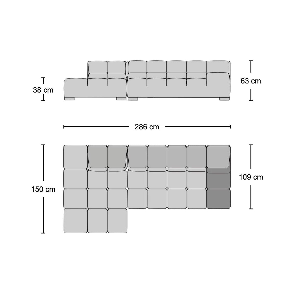 Tufty 3-Seater Sofa with Open End Chaise -Dimensions | Nue Modern